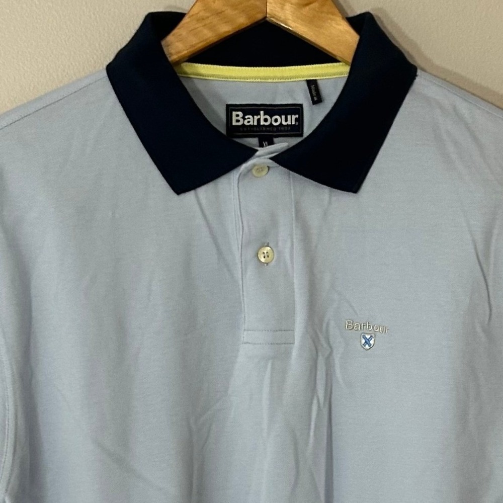 Barbour Polo Shirt Mens XL Light Blue Pique Cotton Contrast Trim Short Sleeve